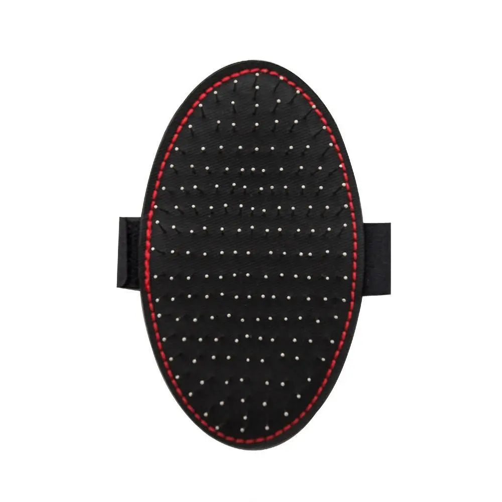 Black oval hairbrush with red stitching and evenly spaced bristles for effective detangling.