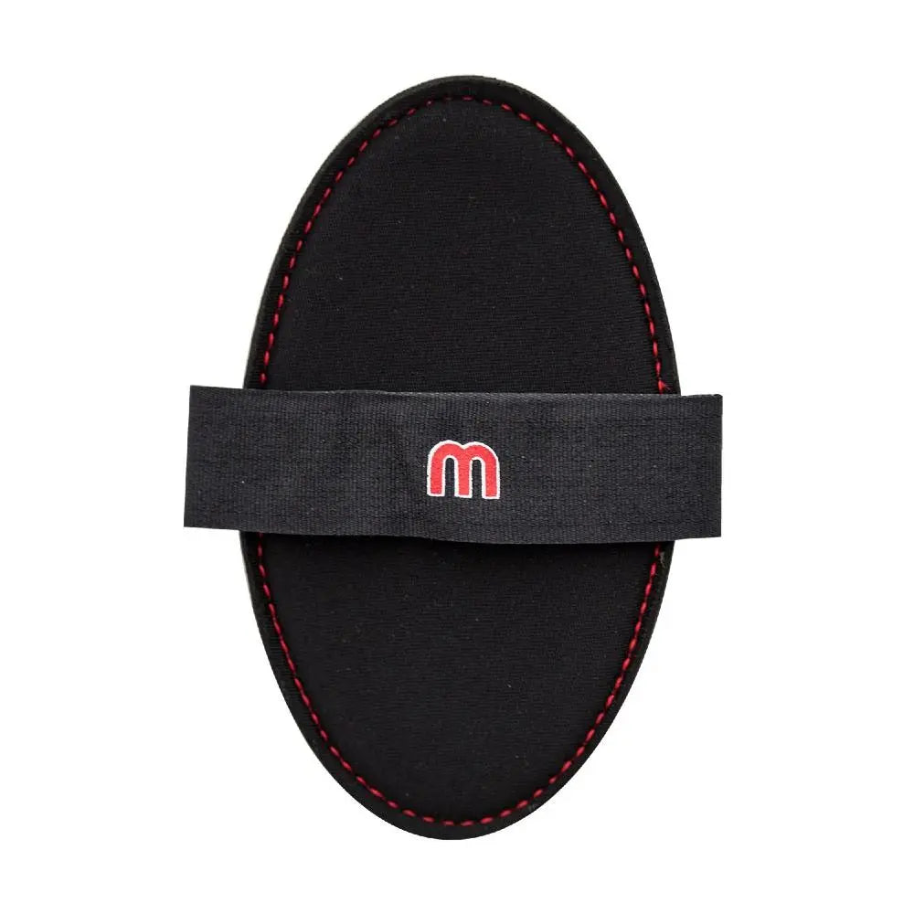 Black oval knee pad with red stitching and adjustable strap for comfort and support during activities.
