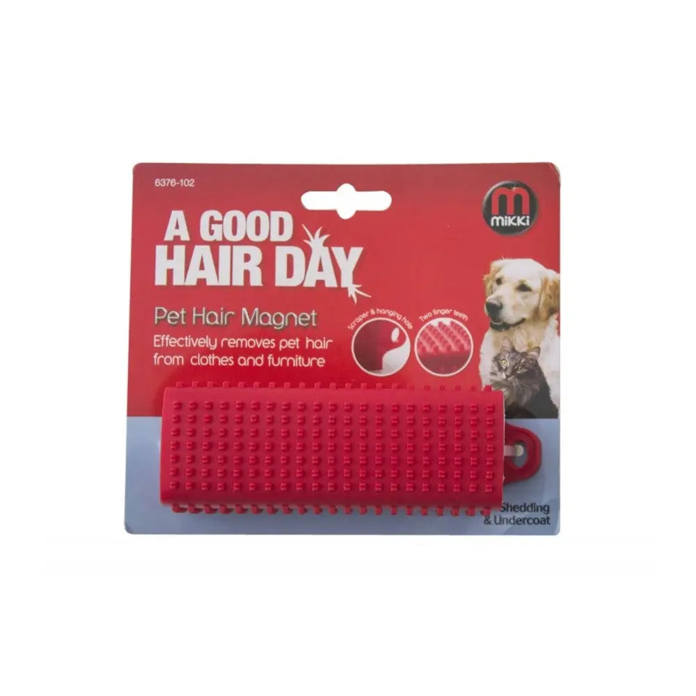Pet hair magnet tool for easy removal of hair from clothes and furniture.
