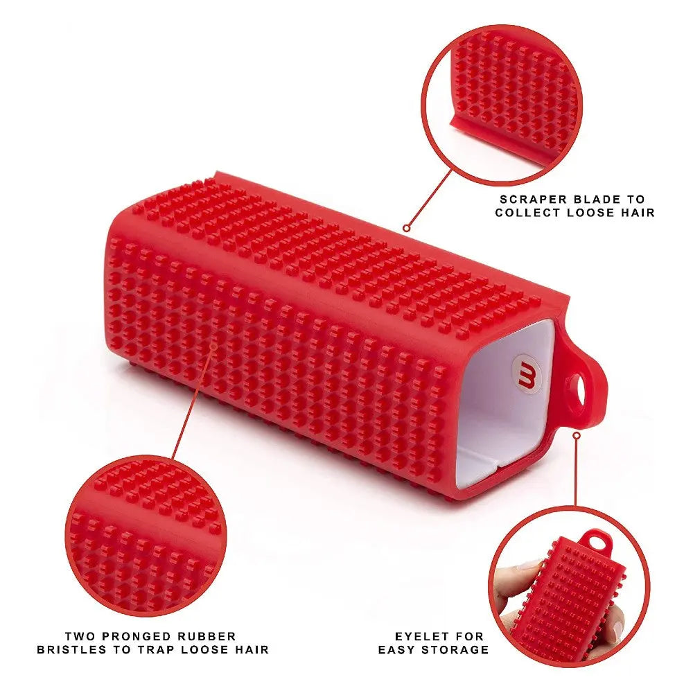 Red silicone pet hair remover with rubber bristles and scraper blade for easy hair collection.