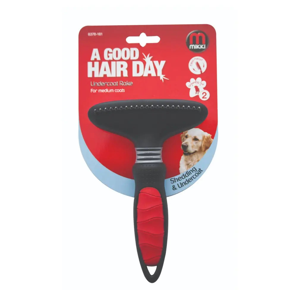 Undercoat rake for medium coats, designed for effective shedding and grooming.