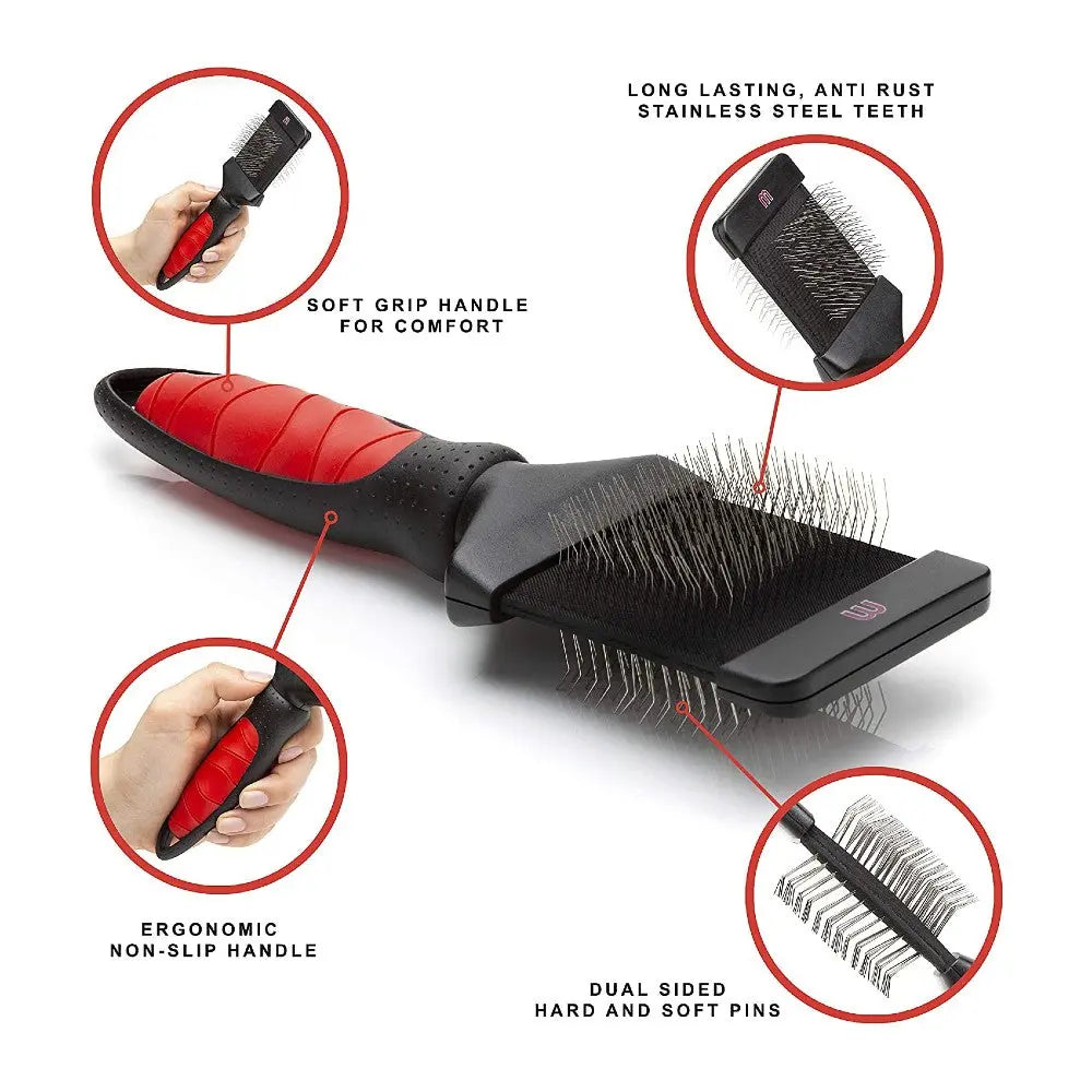Ergonomic pet grooming brush with stainless steel teeth and soft grip handle for comfortable use.