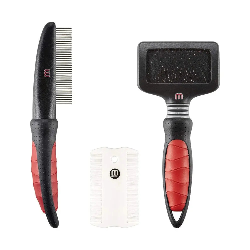 Pet grooming tools set including a comb, slicker brush, and flea comb for effective fur care.
