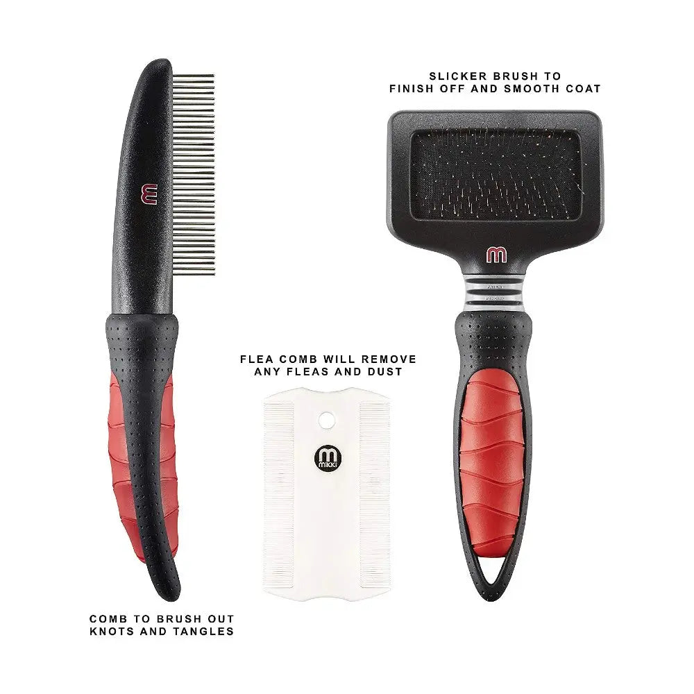 Pet grooming tools including a slicker brush, comb, and flea comb for removing knots and fleas.