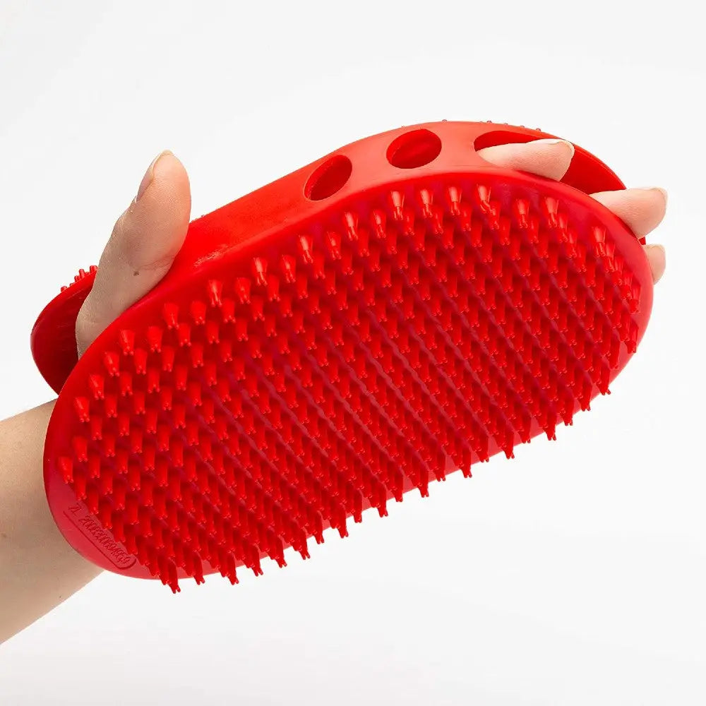 Red rubber pet grooming brush with soft bristles for effective shedding control.