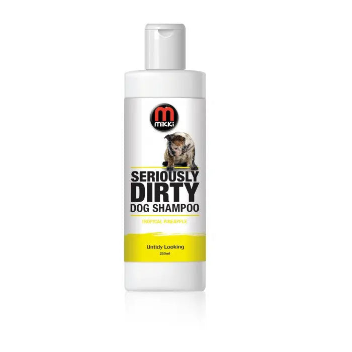 Mikki Seriously Dirty Dog Shampoo with tropical pineapple scent for effective pet cleaning.