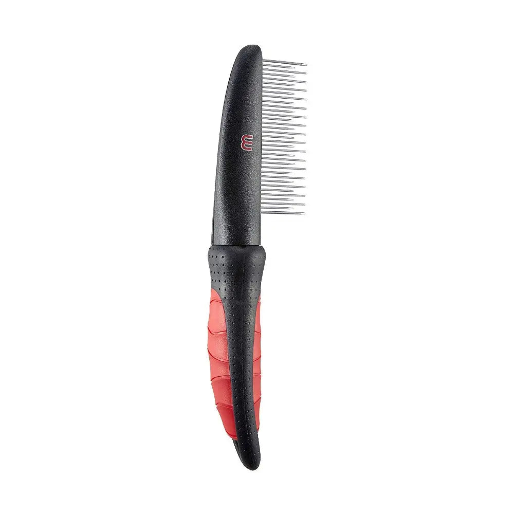 Pet grooming comb with a comfortable grip for effective detangling and de-shedding.
