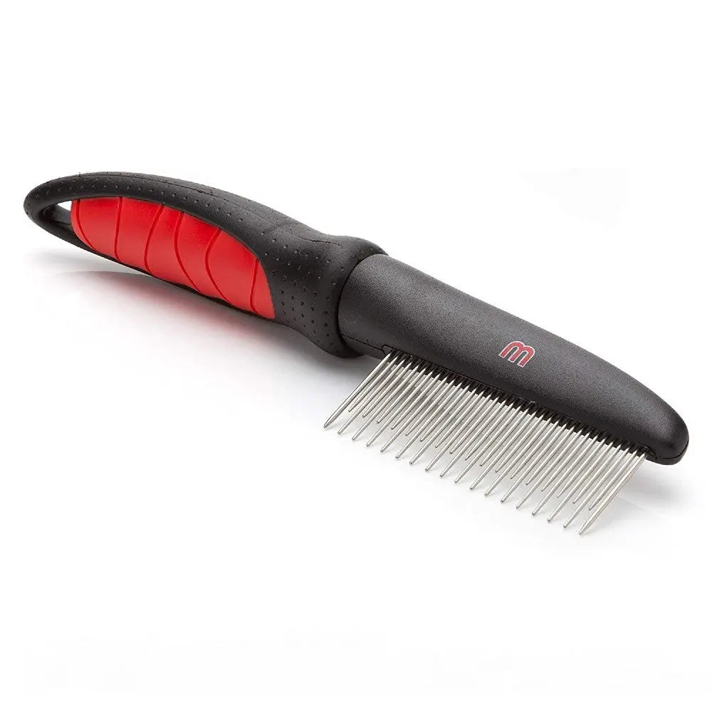 Pet grooming comb with ergonomic handle for effective detangling and de-shedding.