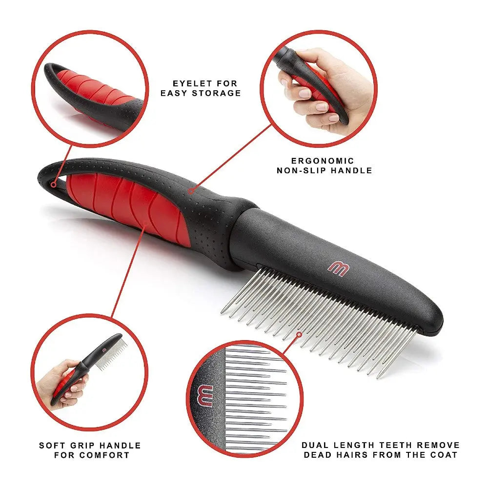 Ergonomic pet comb with non-slip handle and dual-length teeth for effective grooming and comfort.