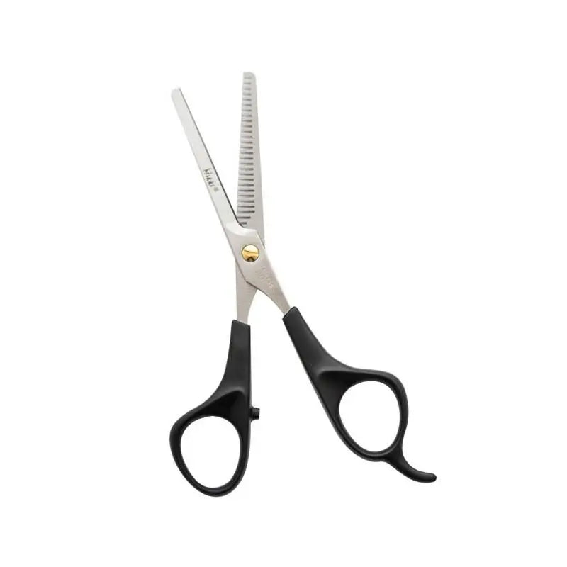 Black-handled thinning shears for precise hair cutting and styling.