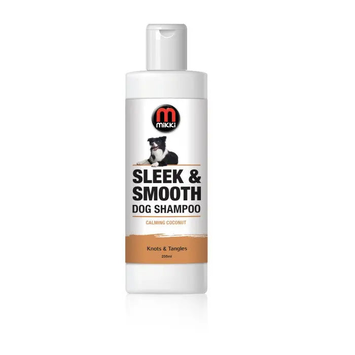 Mikki Sleek & Smooth Dog Shampoo with calming coconut for knots and tangles, 250ml bottle.