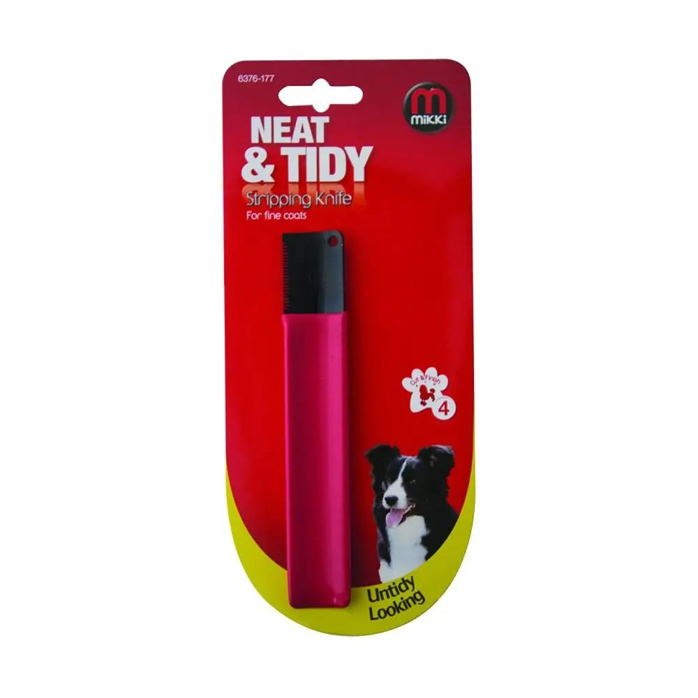 Neat and Tidy stripping knife for fine dog coats, featuring a vibrant pink design and convenient packaging.