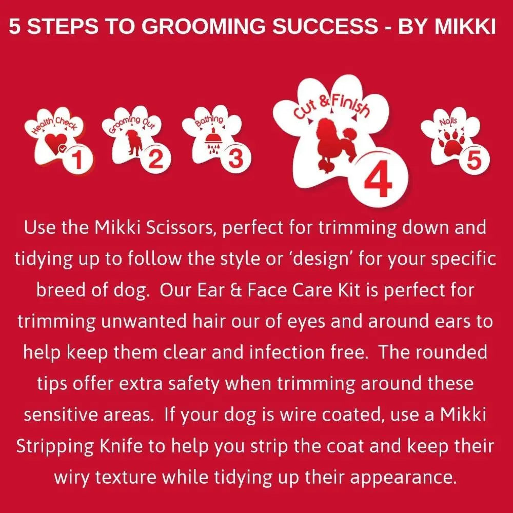 Mikki grooming guide with tips for trimming dog fur and maintaining ear and face care.