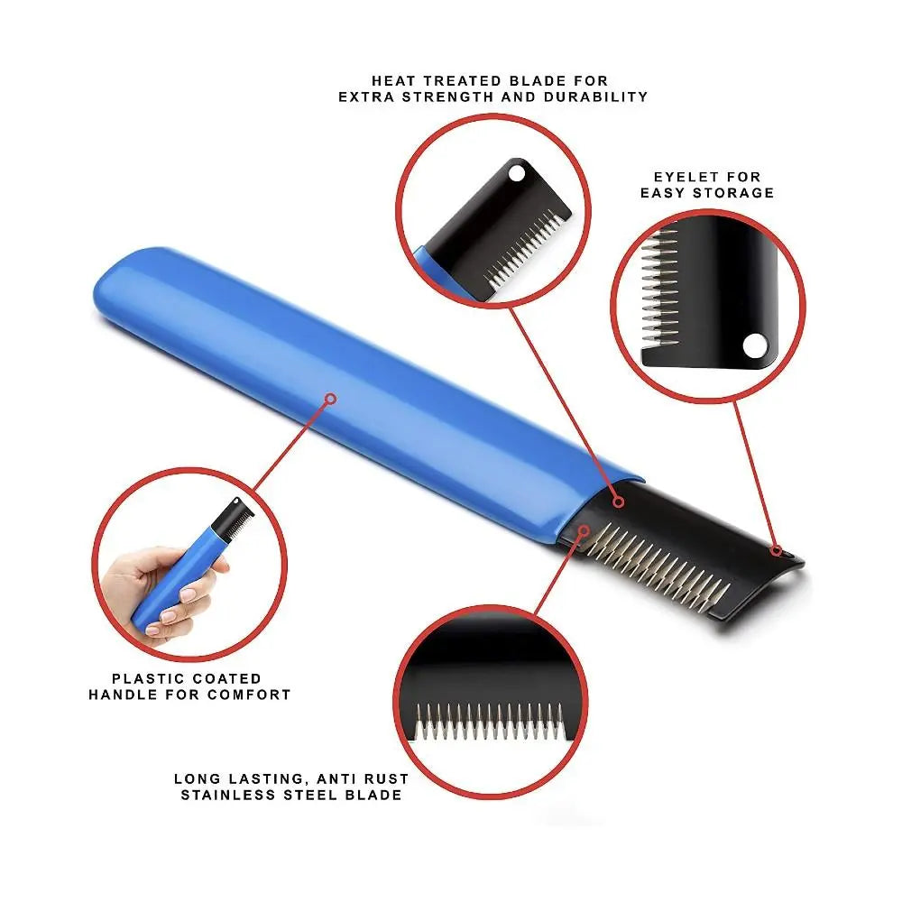 Blue grooming comb with heat-treated stainless steel blade and ergonomic handle for comfortable use.