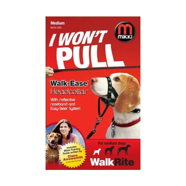 Mikki Walk-Ease headcollar packaging for medium dogs, featuring a reflective noseband and easy-steer system.