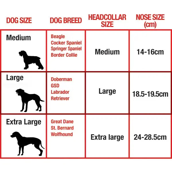 Dog size chart for headcollar and nose sizes by breed: medium, large, and extra large options.