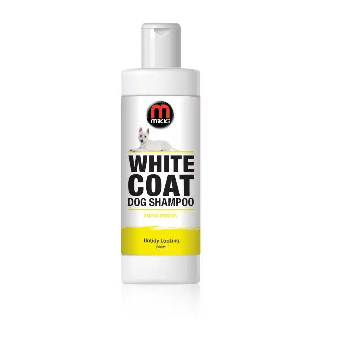 White coat dog shampoo bottle for brightening and cleaning pets' fur.