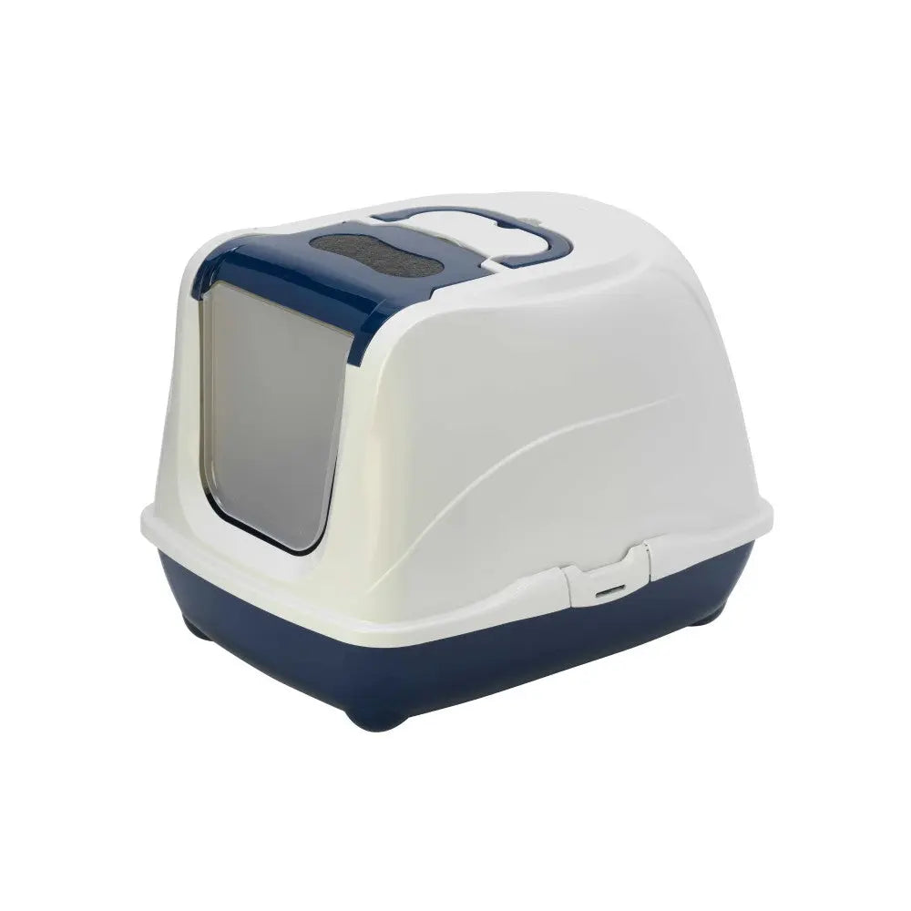 Covered cat litter box with a sleek design for easy cleaning and odor control.