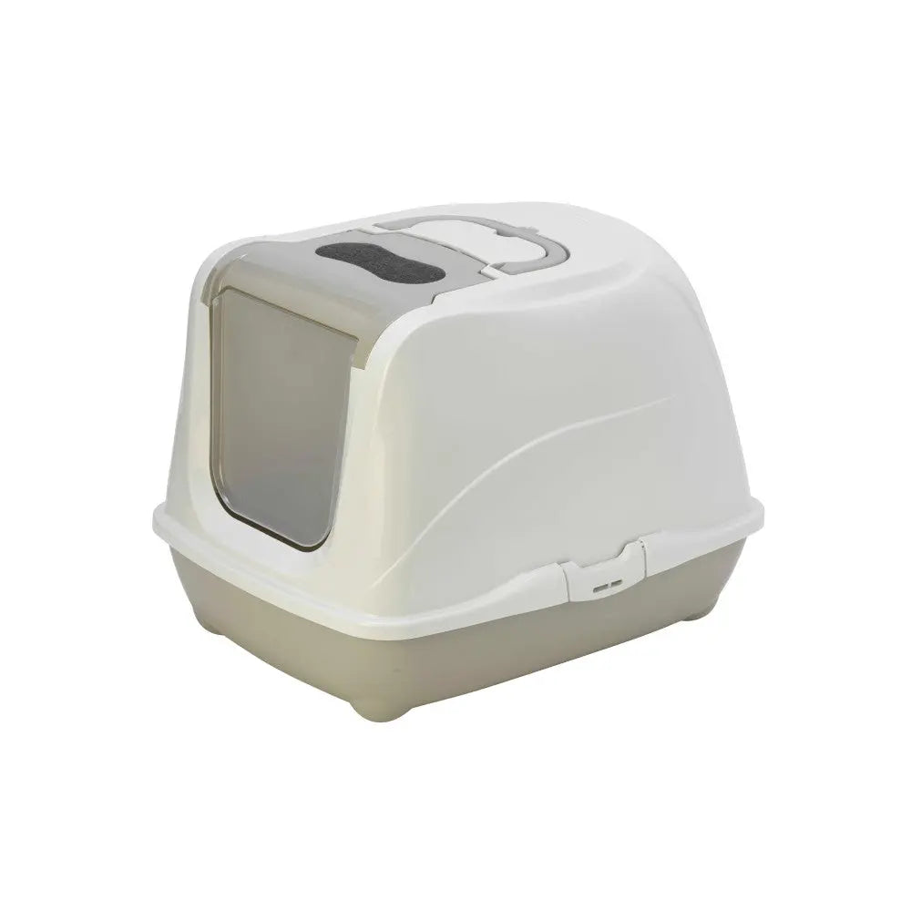 Cat litter box with a covered design for privacy and odor control.
