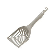 Plastic litter scoop with a slotted design for easy waste removal and a comfortable grip.