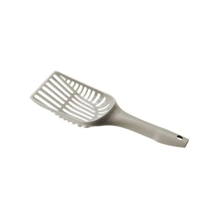 Cat litter scoop with a slotted design for easy waste removal and cleaning.