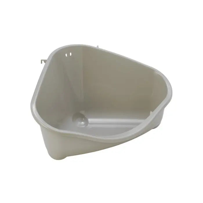 Triangular plastic storage container for organizing small items efficiently.