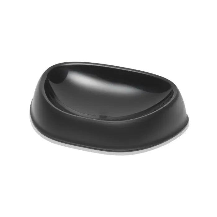 Black pet food bowl with a sleek design for easy feeding and cleaning.