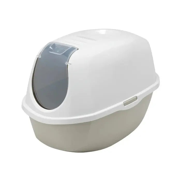 Covered cat litter box with a sleek design for privacy and easy cleaning.
