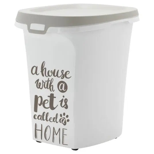 Pet food storage container with a charming "home" quote for pet lovers.