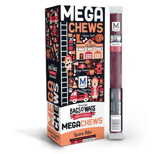 Mega Chews spare ribs dog treats in colorful packaging for dental health and fun chewing.