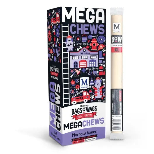 Mega Chews marrow bones packaging featuring vibrant graphics and a feeding guide for dogs.