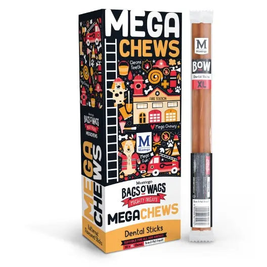 Mega Chews dental sticks packaging with vibrant graphics for pet dental care and treats.