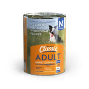 Canned dog food with beef and veggies, designed for adult dogs' nutrition and well-being.