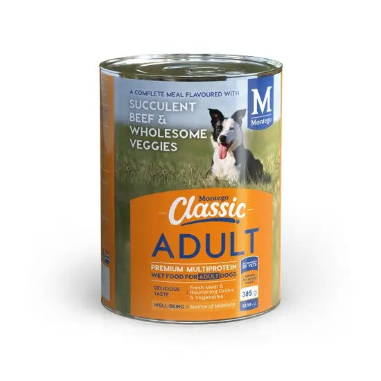 Canned dog food with beef and veggies, designed for adult dogs' nutrition and well-being.