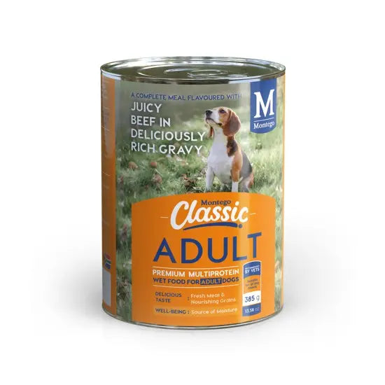 Canned dog food with juicy beef in rich gravy for adult dogs, featuring a vibrant packaging design.