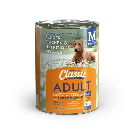 Canned dog food featuring tender chicken and veggies for adult dogs, promoting health and well-being.