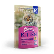 Kitten food pouch featuring tender chicken and rice in gravy for healthy growth and nutrition.
