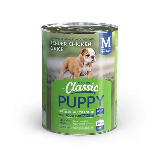 Canned puppy food with tender chicken and rice for healthy growth and nutrition.