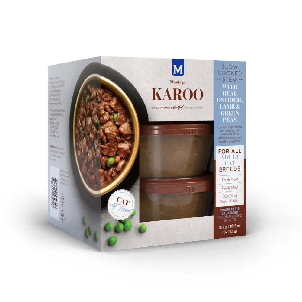 Karoo slow-cooked stew with real ostrich, lamb, and green peas for adult cats in convenient packaging.