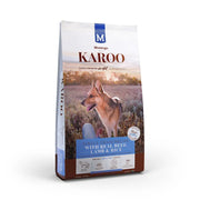 Montego Karoo dog food bag featuring a single grain recipe with real beef, lamb, and rice for healthy pets.