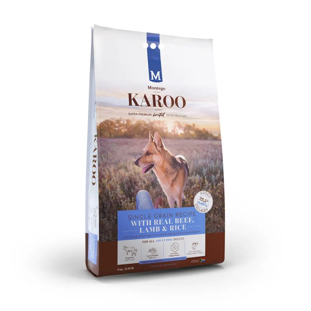 Premium dog food bag featuring Karoo's single grain recipe with real beef, lamb, and rice for all small breeds.