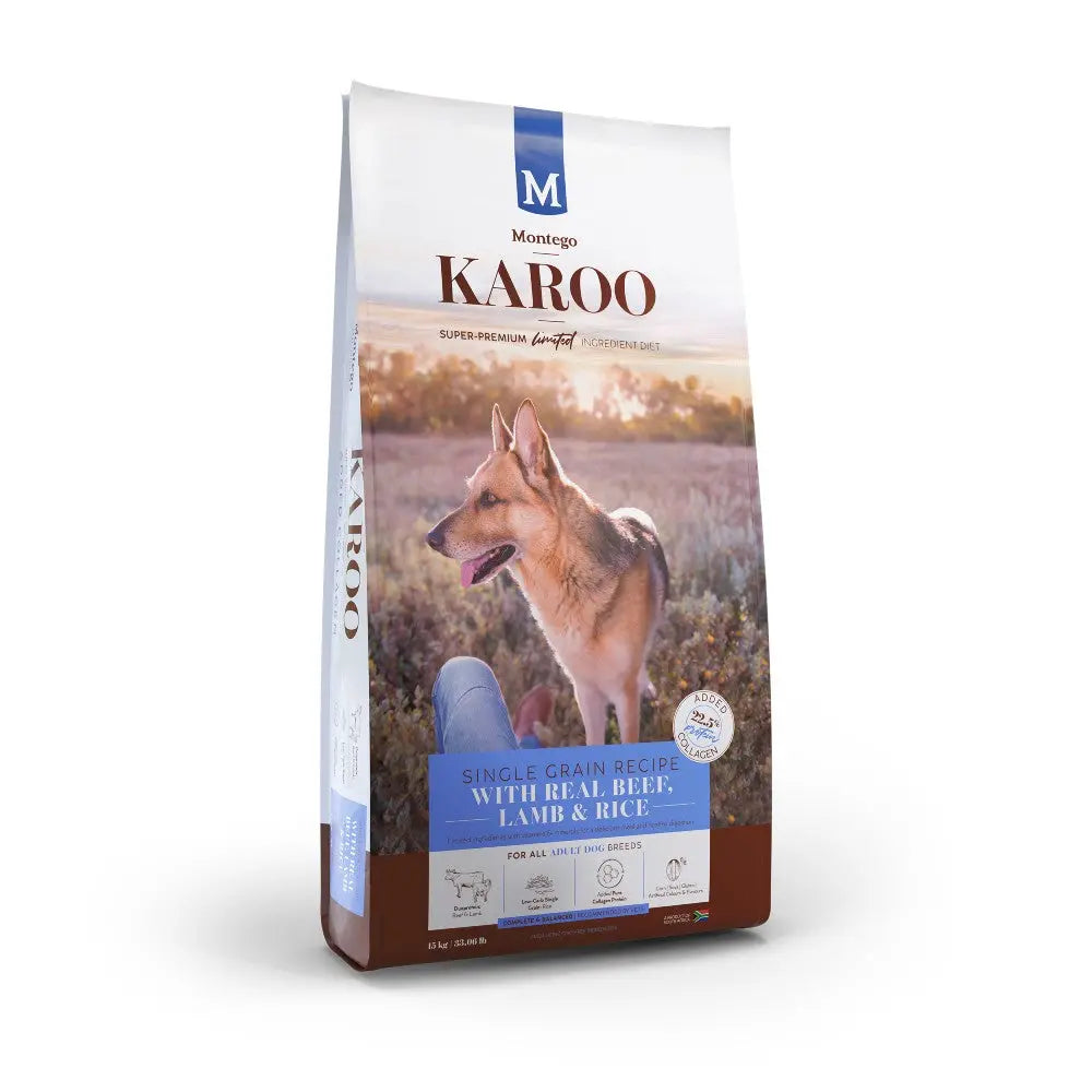 Premium dog food bag featuring Karoo's single grain recipe with real beef, lamb, and rice for healthy pets.