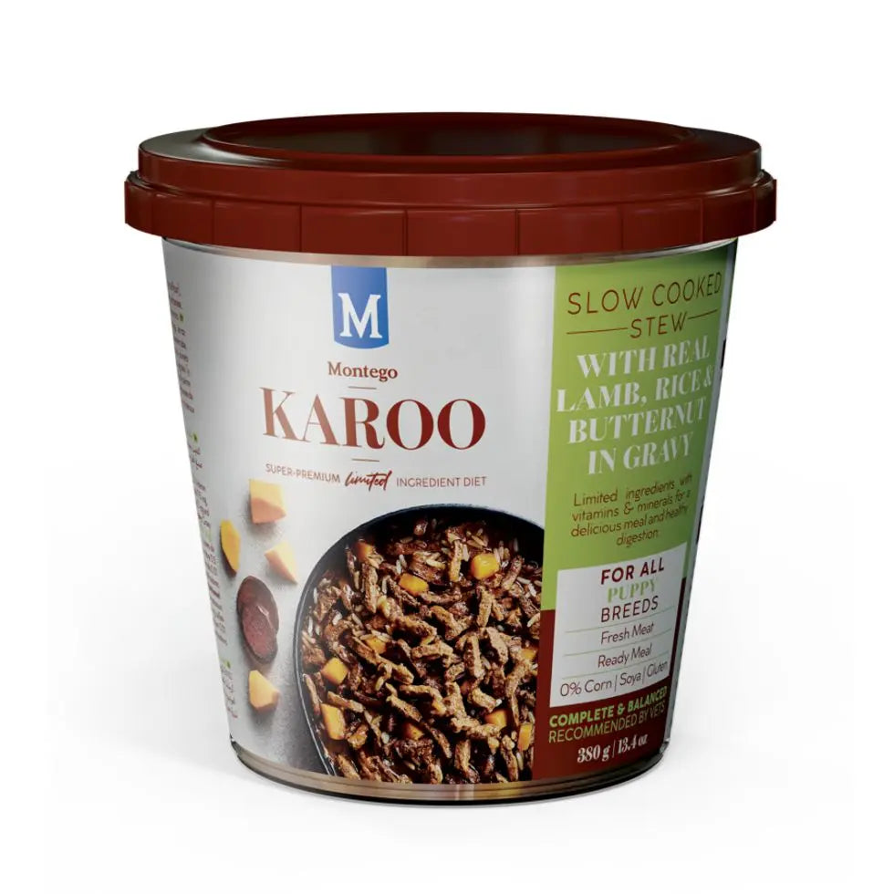 Karoo slow-cooked stew with real lamb, rice, and butternut in gravy for all dog breeds.