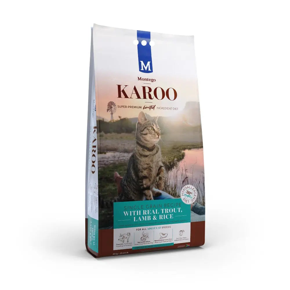 Premium cat food bag featuring real trout, lamb, and rice for a balanced diet.