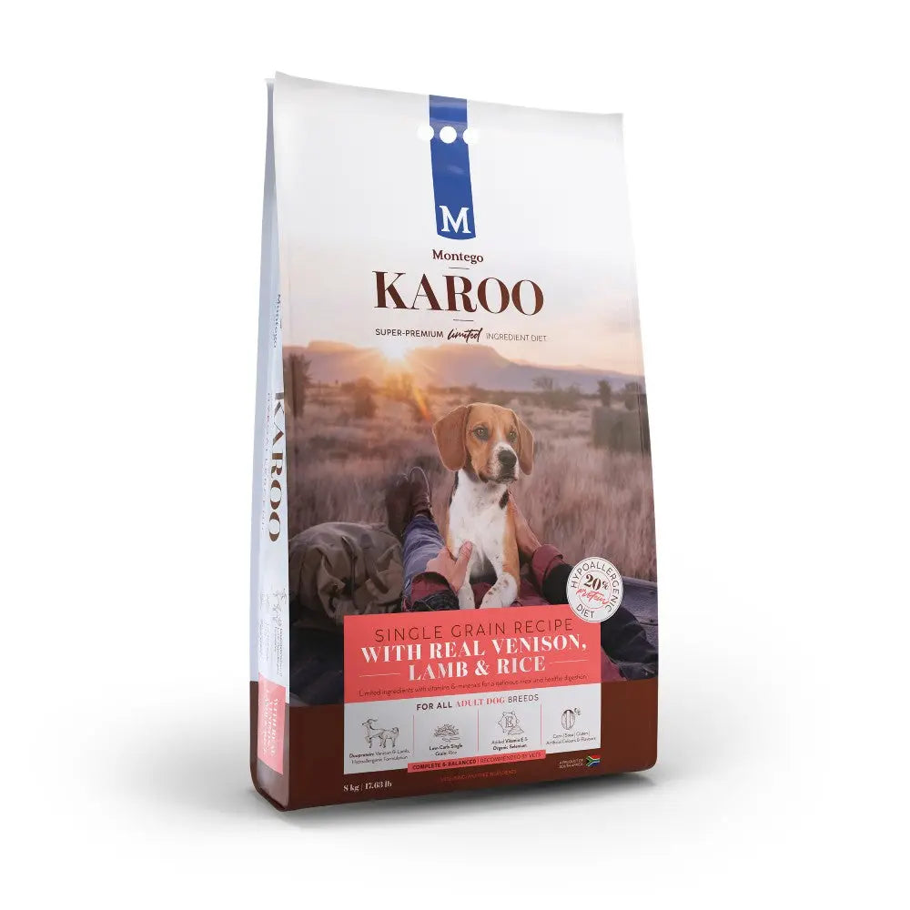 Montego Karoo dog food bag featuring single grain recipe with real venison, lamb, and rice for all breeds.
