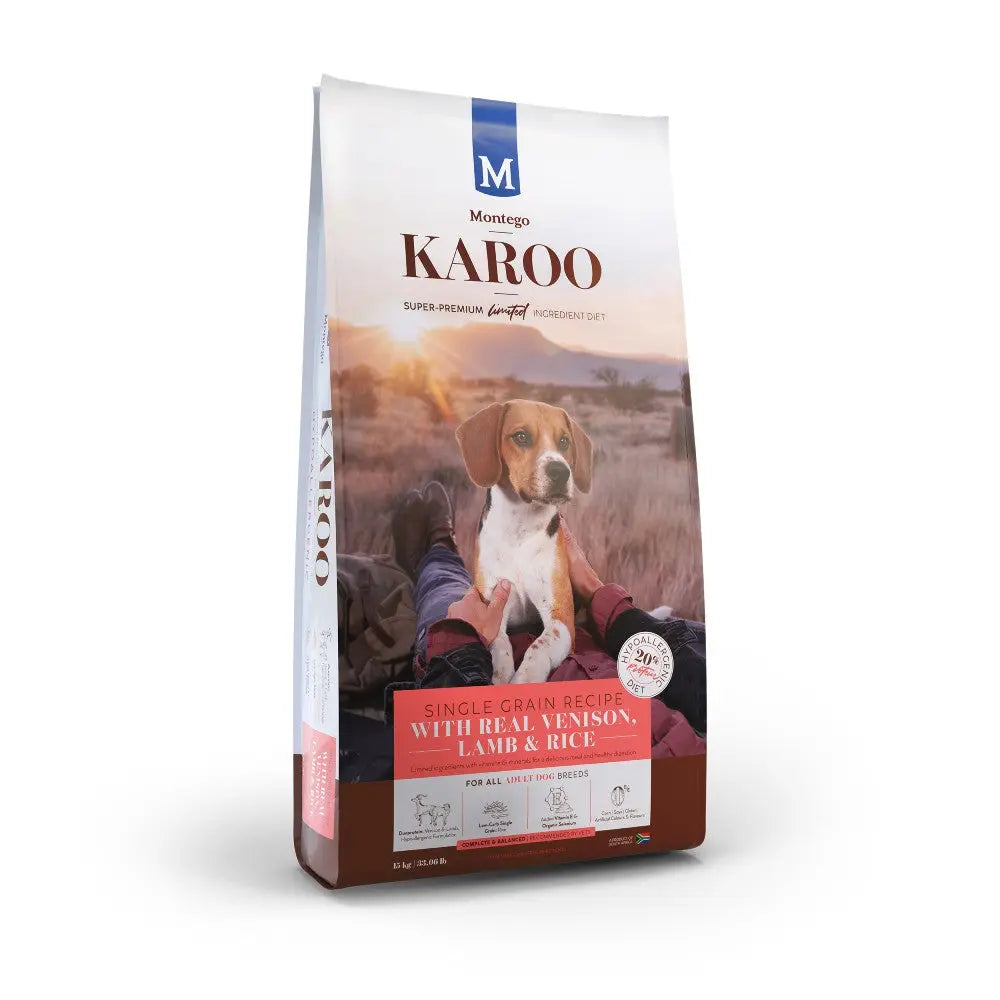 Montego Karoo dog food bag featuring real venison, lamb, and rice for all dog breeds.