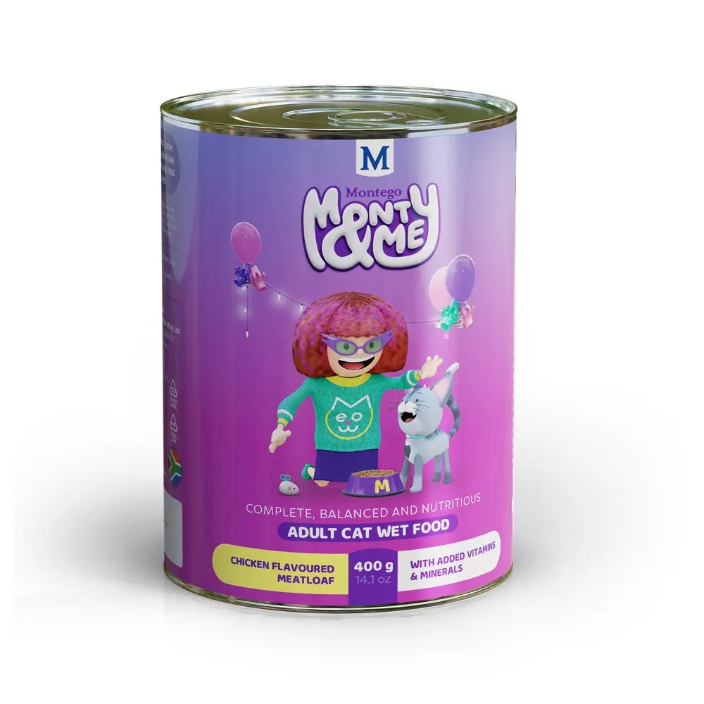 Monty & Me chicken-flavored adult cat wet food in a colorful can with a playful design.