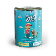 Monty & Me adult dog wet food can with chicken flavor, featuring a playful child and dog on the label.