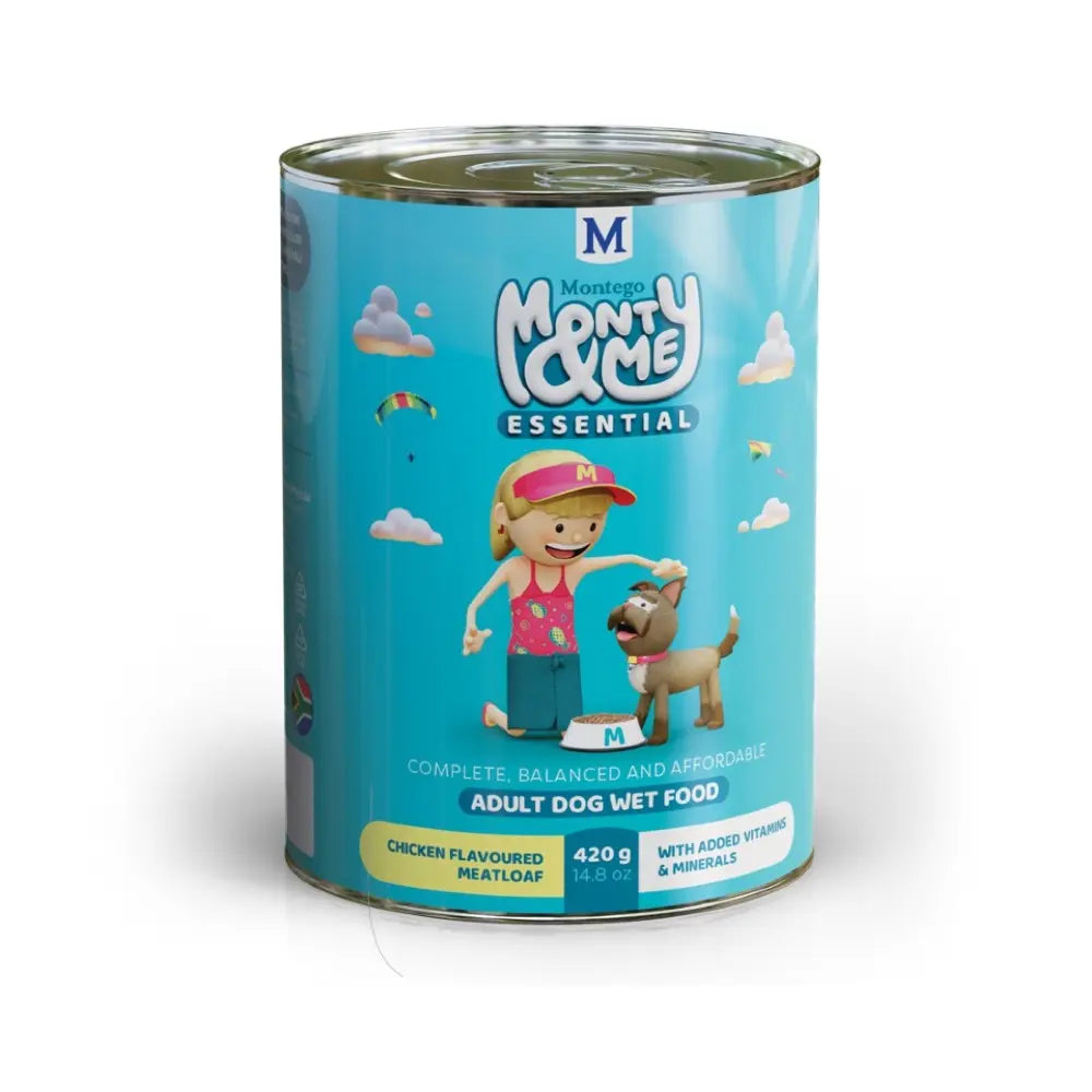 Monty & Me adult dog wet food can with chicken flavor, featuring a playful child and dog on the label.