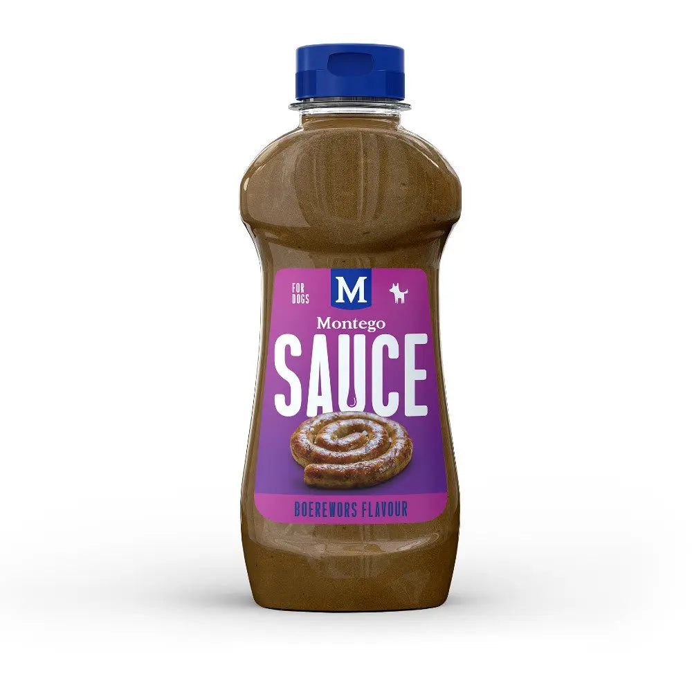 Montego Boerewors flavour sauce in a squeeze bottle for enhancing dog meals.
